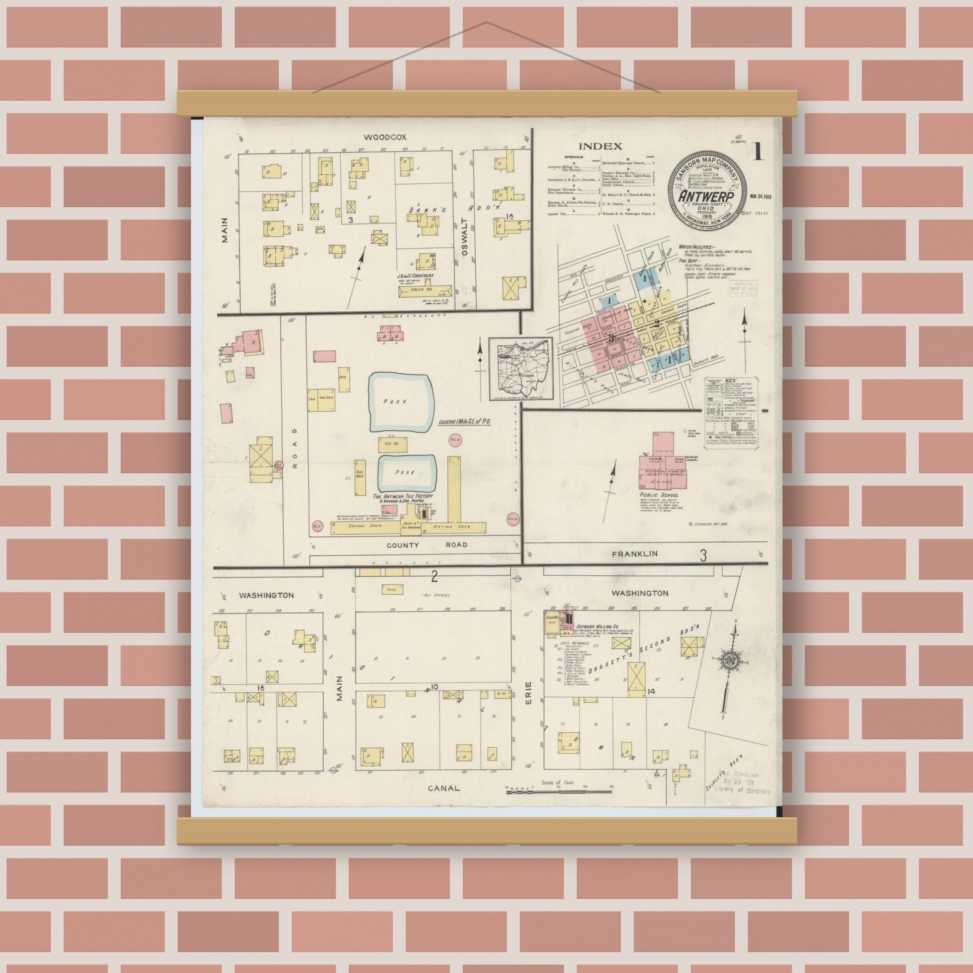 Old map wall art mockup — magnetic wood frame on brick wall — Sanborn Fire Insurance Map from Antwerp, Paulding County, Ohio (1915) - Complete Map Set