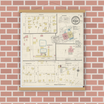 Old map wall art mockup — magnetic wood frame on brick wall — Sanborn Fire Insurance Map from Antwerp, Paulding County, Ohio (1915) - Complete Map Set