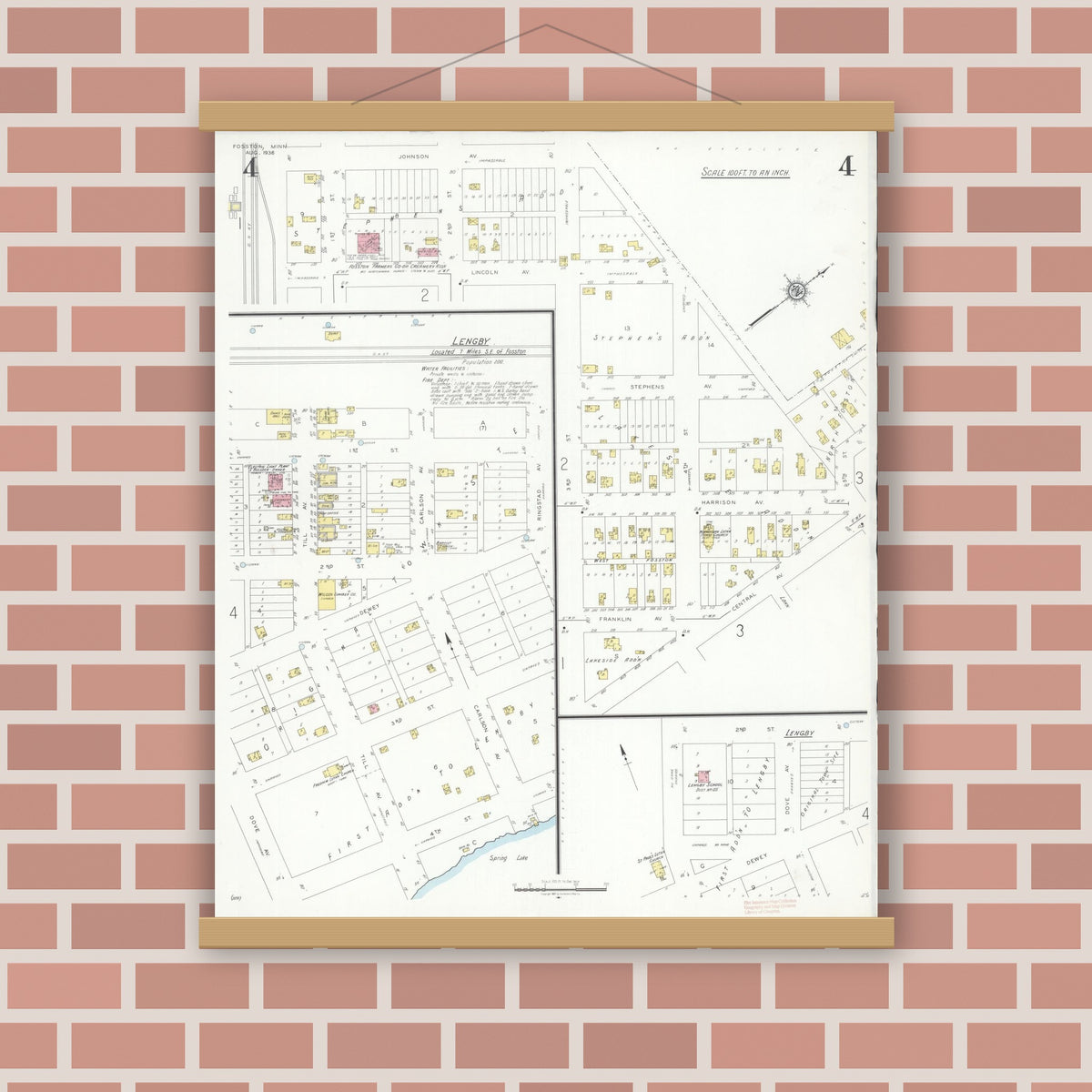 Old map wall art mockup — magnetic wood frame on brick wall — Sanborn Fire Insurance Map from Fosston, Polk County, Minnesota (1936), Sheet #0004