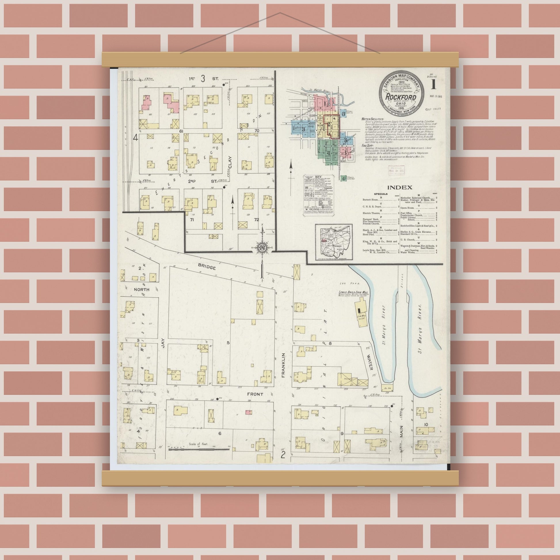 Old map wall art mockup — magnetic wood frame on brick wall — Sanborn Fire Insurance Map from Rockford, Mercer County, Ohio (1915) - Complete Map Set