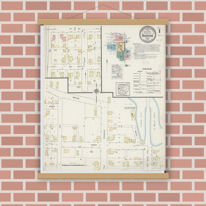Old map wall art mockup — magnetic wood frame on brick wall — Sanborn Fire Insurance Map from Rockford, Mercer County, Ohio (1915) - Complete Map Set