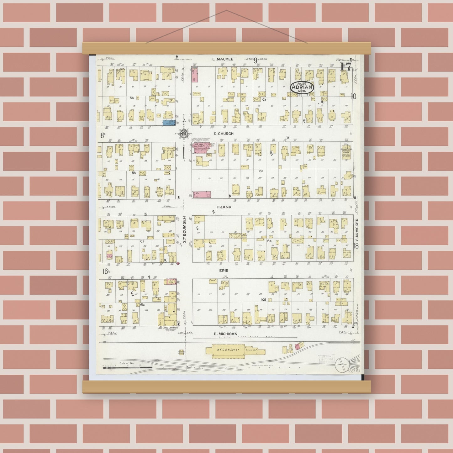 Old map wall art mockup — magnetic wood frame on brick wall — Sanborn Fire Insurance Map from Adrian, Lenawee County, Michigan (1916), Sheet #0017