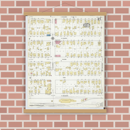 Old map wall art mockup — magnetic wood frame on brick wall — Sanborn Fire Insurance Map from Adrian, Lenawee County, Michigan (1916), Sheet #0017