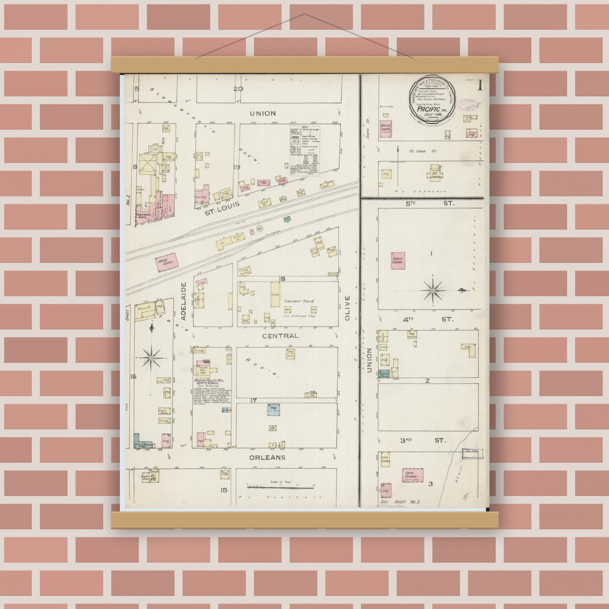 Old map wall art mockup — magnetic wood frame on brick wall — Sanborn Fire Insurance Map from Pacific, Franklin County, Missouri (1886) - Complete Map Set