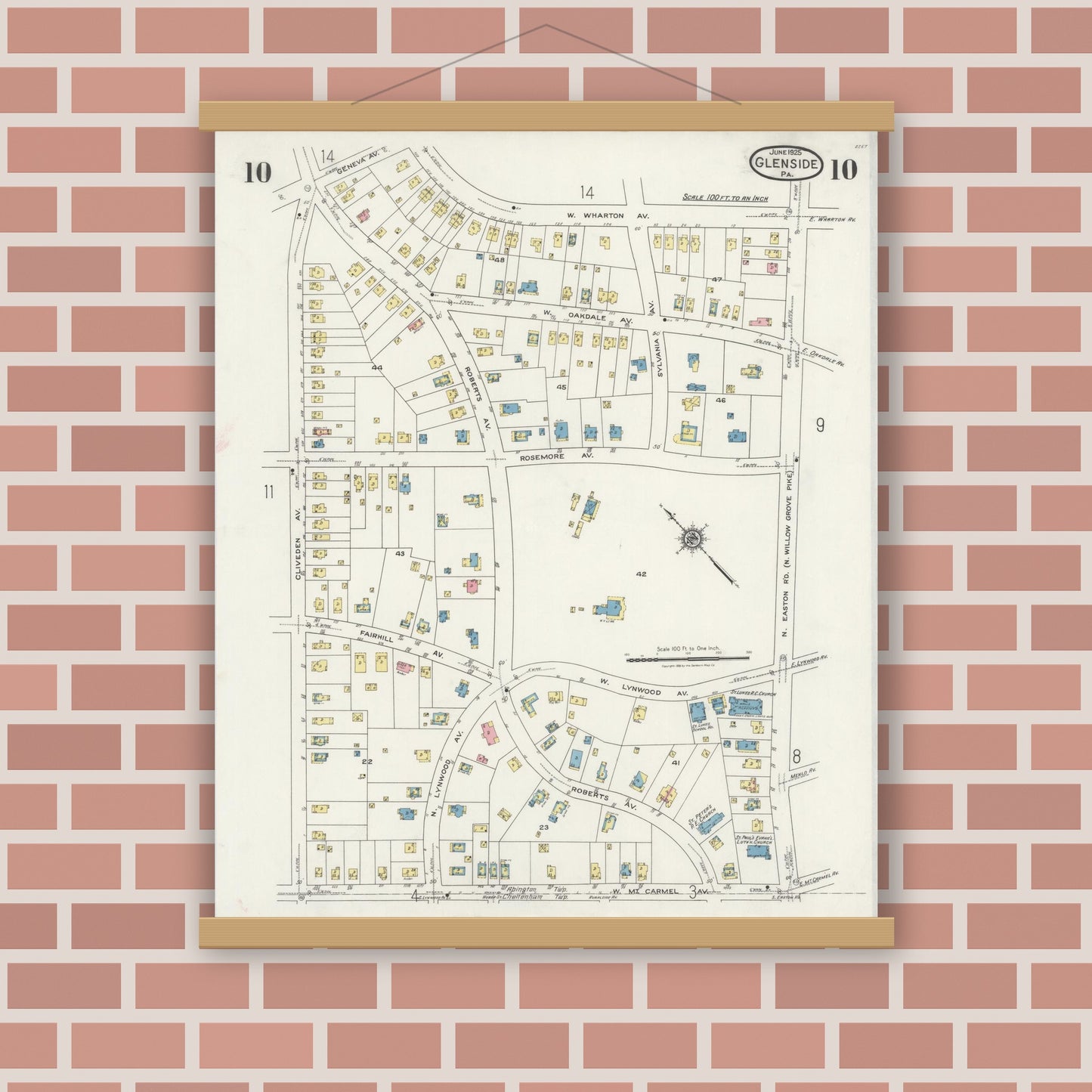 Old map wall art mockup — magnetic wood frame on brick wall — Sanborn Fire Insurance Map from Glenside, Montgomery County, Pennsylvania (1925), Sheet #0010