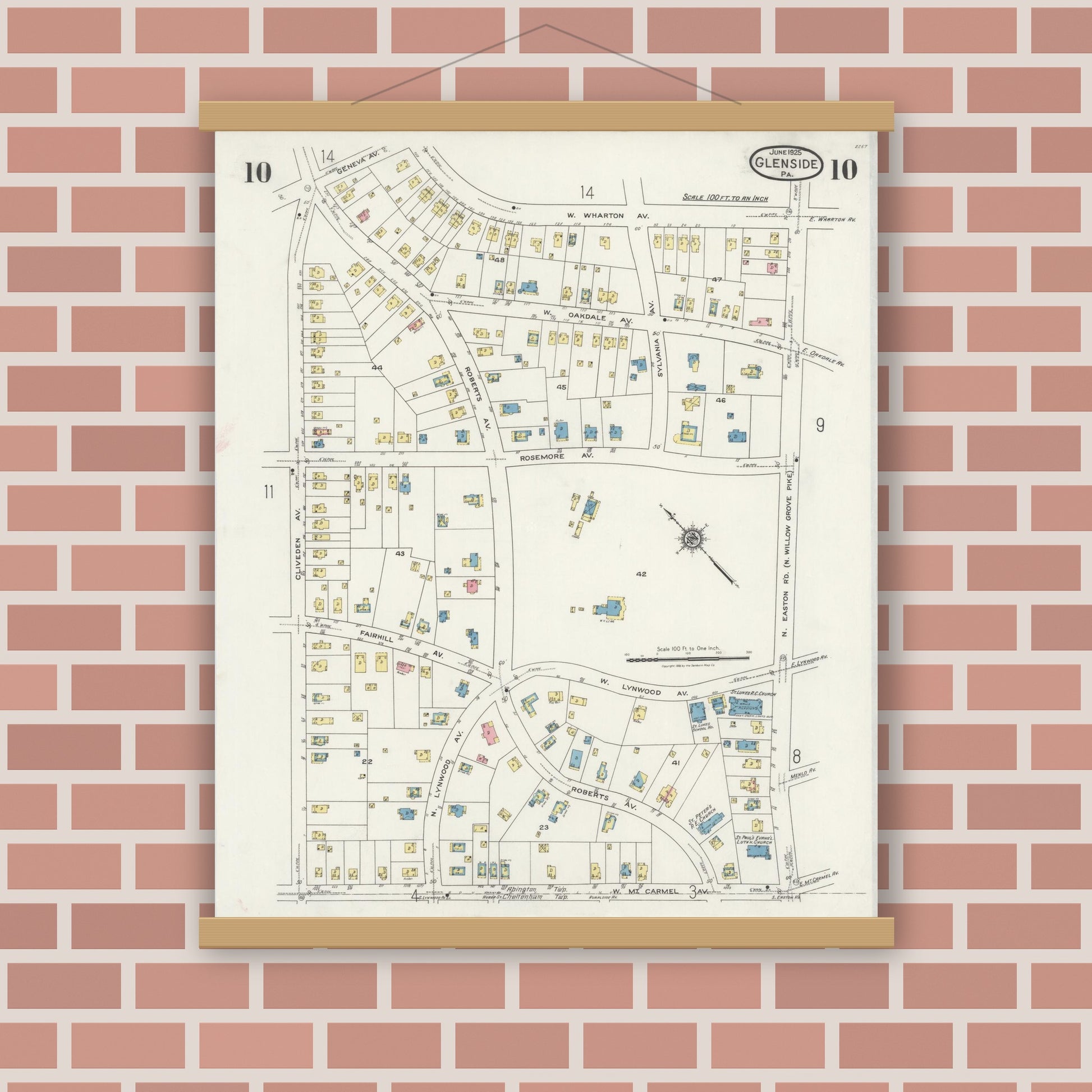 Old map wall art mockup — magnetic wood frame on brick wall — Sanborn Fire Insurance Map from Glenside, Montgomery County, Pennsylvania (1925), Sheet #0010