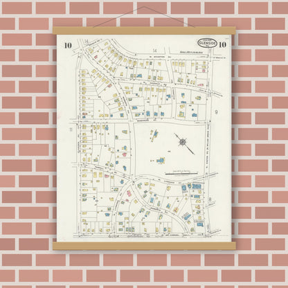 Old map wall art mockup — magnetic wood frame on brick wall — Sanborn Fire Insurance Map from Glenside, Montgomery County, Pennsylvania (1925), Sheet #0010