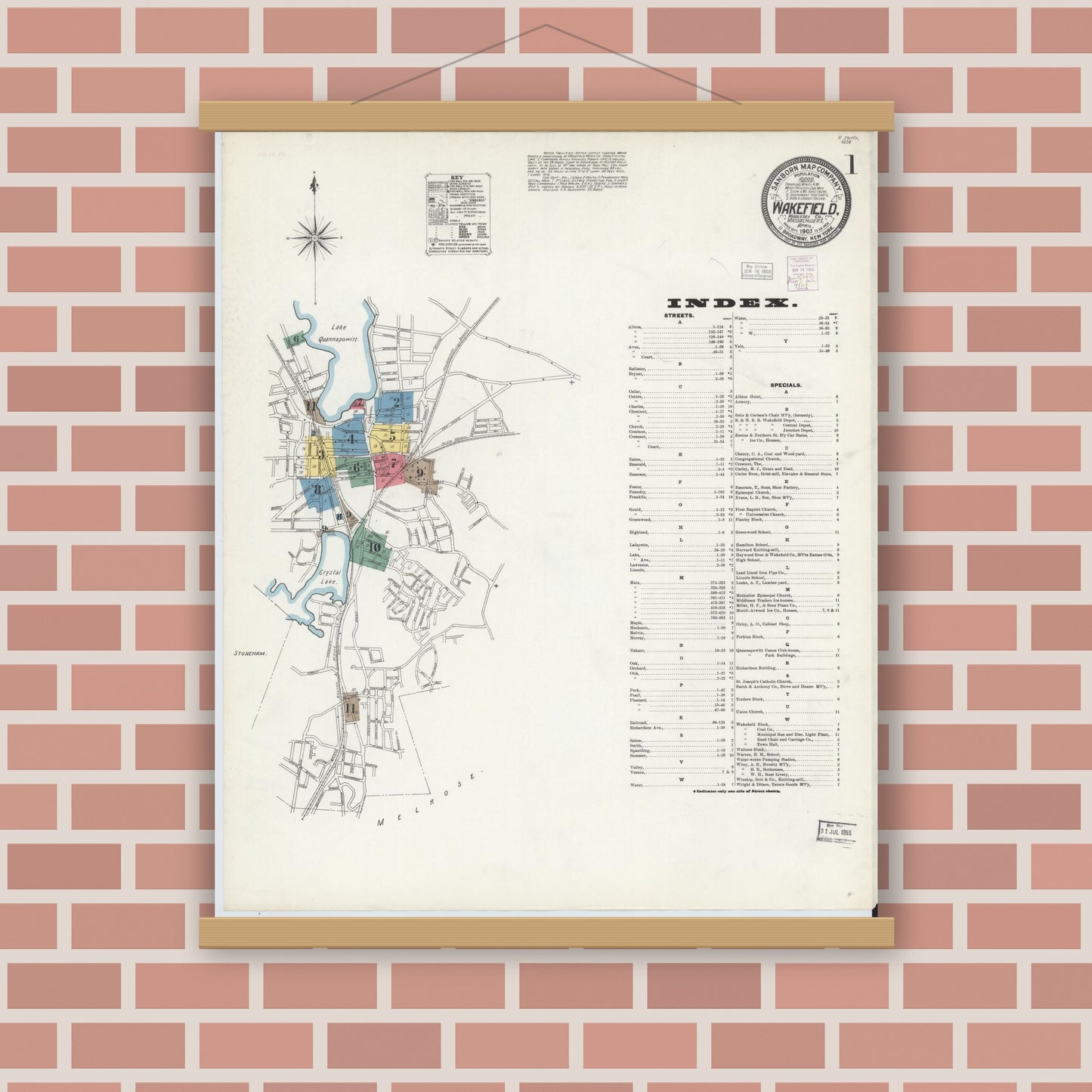 Old map wall art mockup — magnetic wood frame on brick wall — Sanborn Fire Insurance Map from Wakefield, Middlesex County, Massachusetts (1903), Sheet #0001