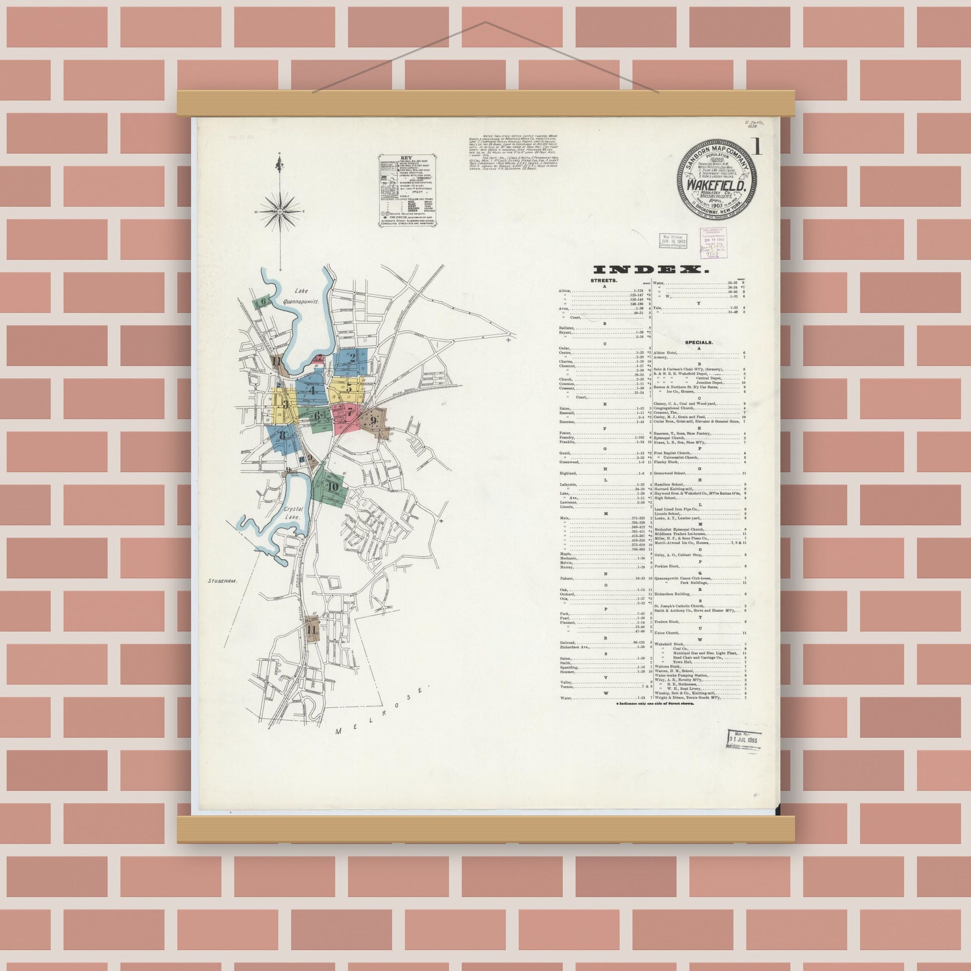 Old map wall art mockup — magnetic wood frame on brick wall — Sanborn Fire Insurance Map from Wakefield, Middlesex County, Massachusetts (1903), Sheet #0001