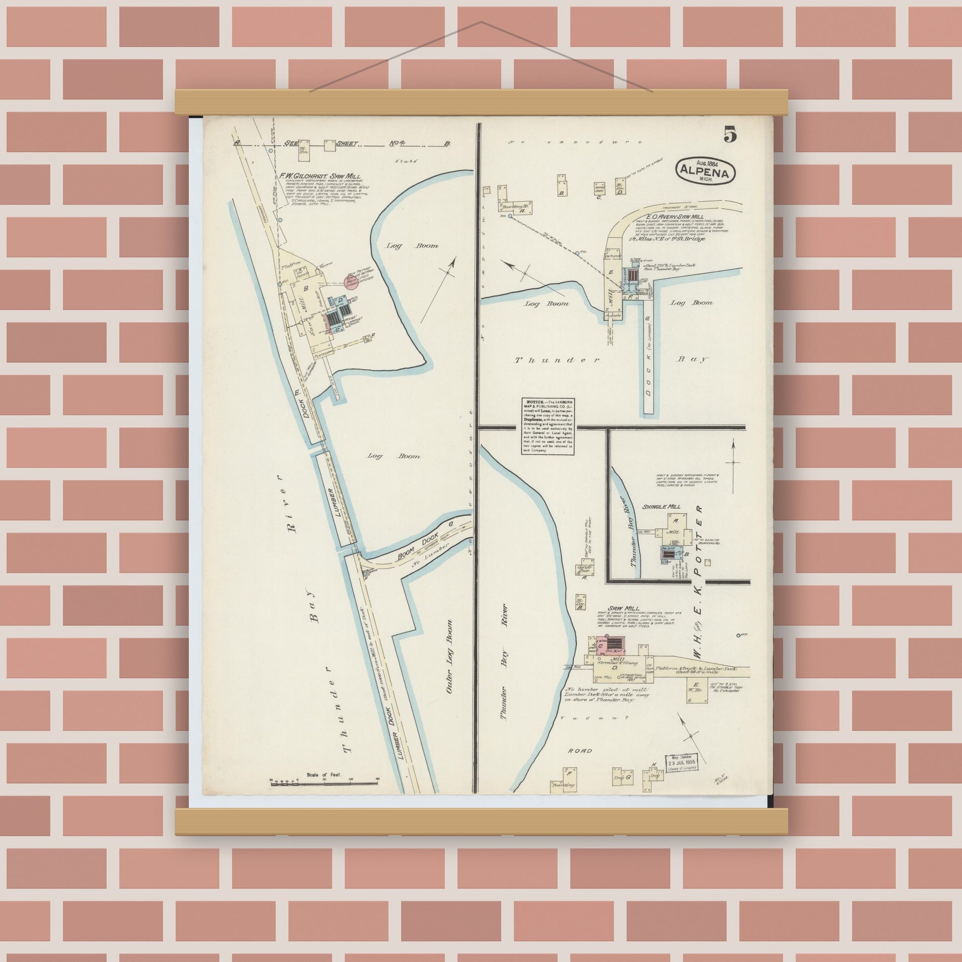 Old map wall art mockup — magnetic wood frame on brick wall — Sanborn Fire Insurance Map from Alpena, Alpena County, Michigan (1884), Sheet #0005
