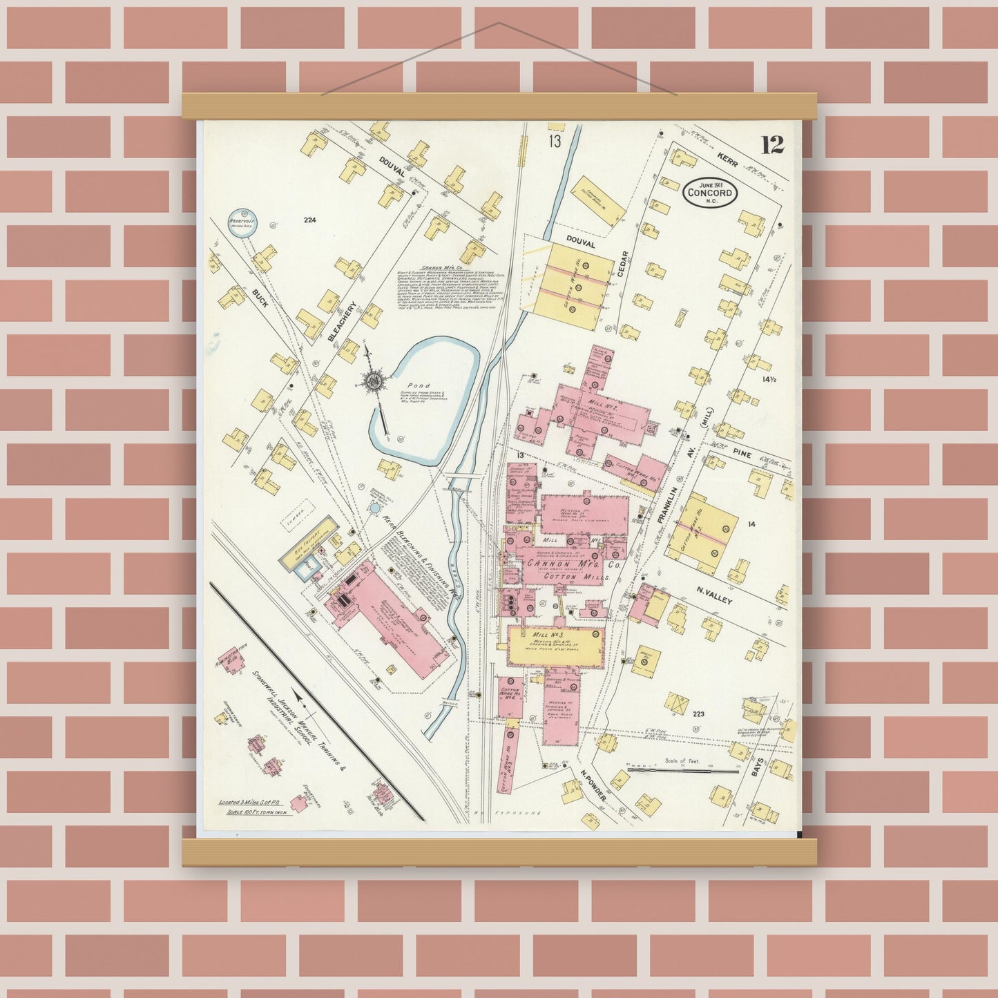 Old map wall art mockup — magnetic wood frame on brick wall — Sanborn Fire Insurance Map from Concord, Cabarrus County, North Carolina (1911), Sheet #0012