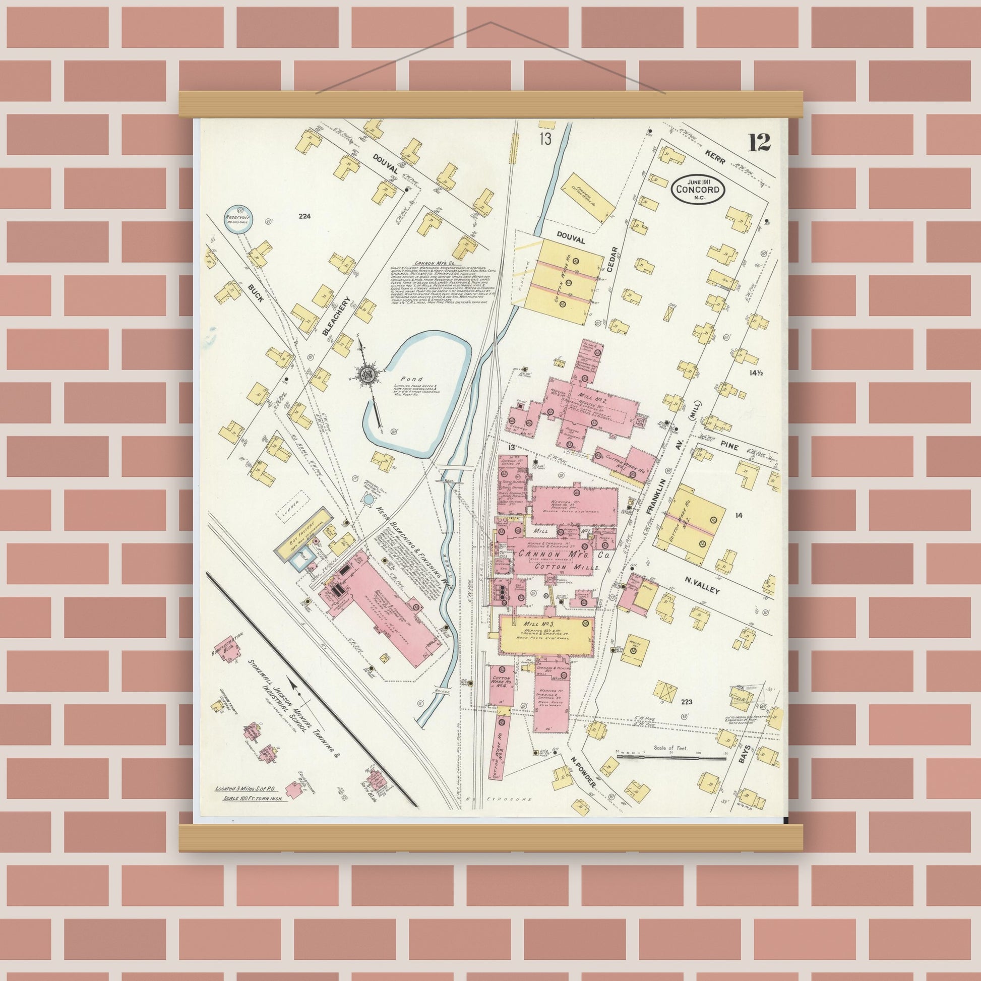 Old map wall art mockup — magnetic wood frame on brick wall — Sanborn Fire Insurance Map from Concord, Cabarrus County, North Carolina (1911), Sheet #0012