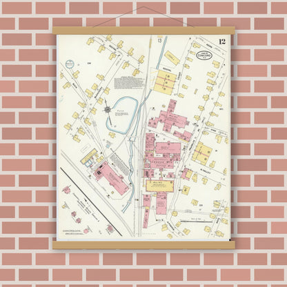 Old map wall art mockup — magnetic wood frame on brick wall — Sanborn Fire Insurance Map from Concord, Cabarrus County, North Carolina (1911), Sheet #0012