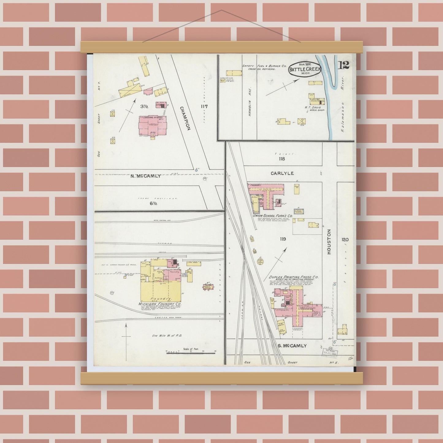 Old map wall art mockup — magnetic wood frame on brick wall — Sanborn Fire Insurance Map from Battle Creek, Calhoun County, Michigan (1892), Sheet #0012