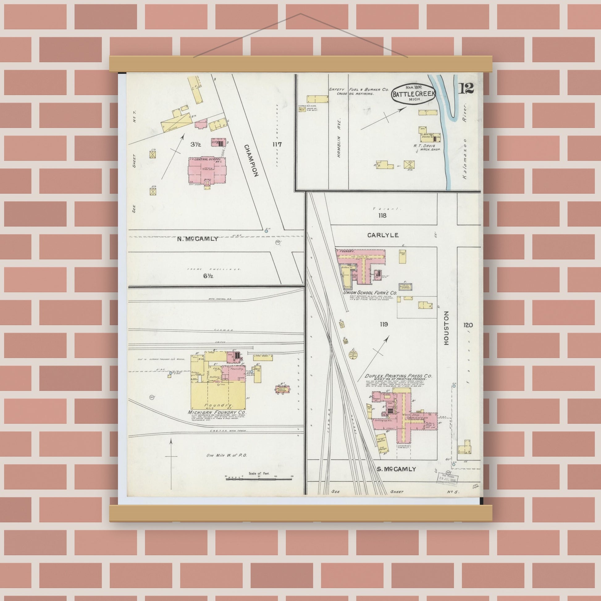 Old map wall art mockup — magnetic wood frame on brick wall — Sanborn Fire Insurance Map from Battle Creek, Calhoun County, Michigan (1892), Sheet #0012