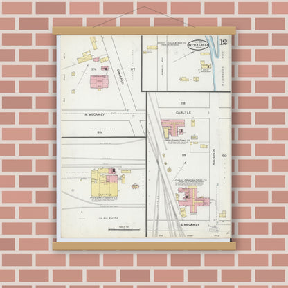 Old map wall art mockup — magnetic wood frame on brick wall — Sanborn Fire Insurance Map from Battle Creek, Calhoun County, Michigan (1892), Sheet #0012