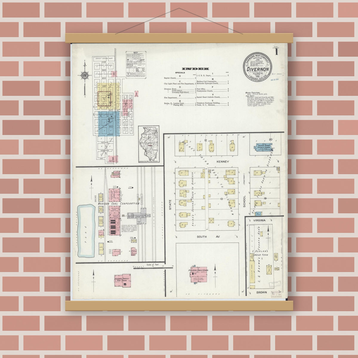Old map wall art mockup — magnetic wood frame on brick wall — Sanborn Fire Insurance Map from Divernon, Sangamon County, Illinois (1914) - Complete Map Set