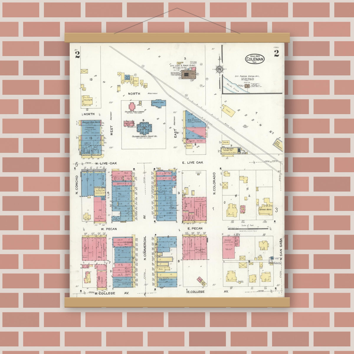Old map wall art mockup — magnetic wood frame on brick wall — Sanborn Fire Insurance Map from Coleman, Coleman County, Texas (1923), Sheet #0002