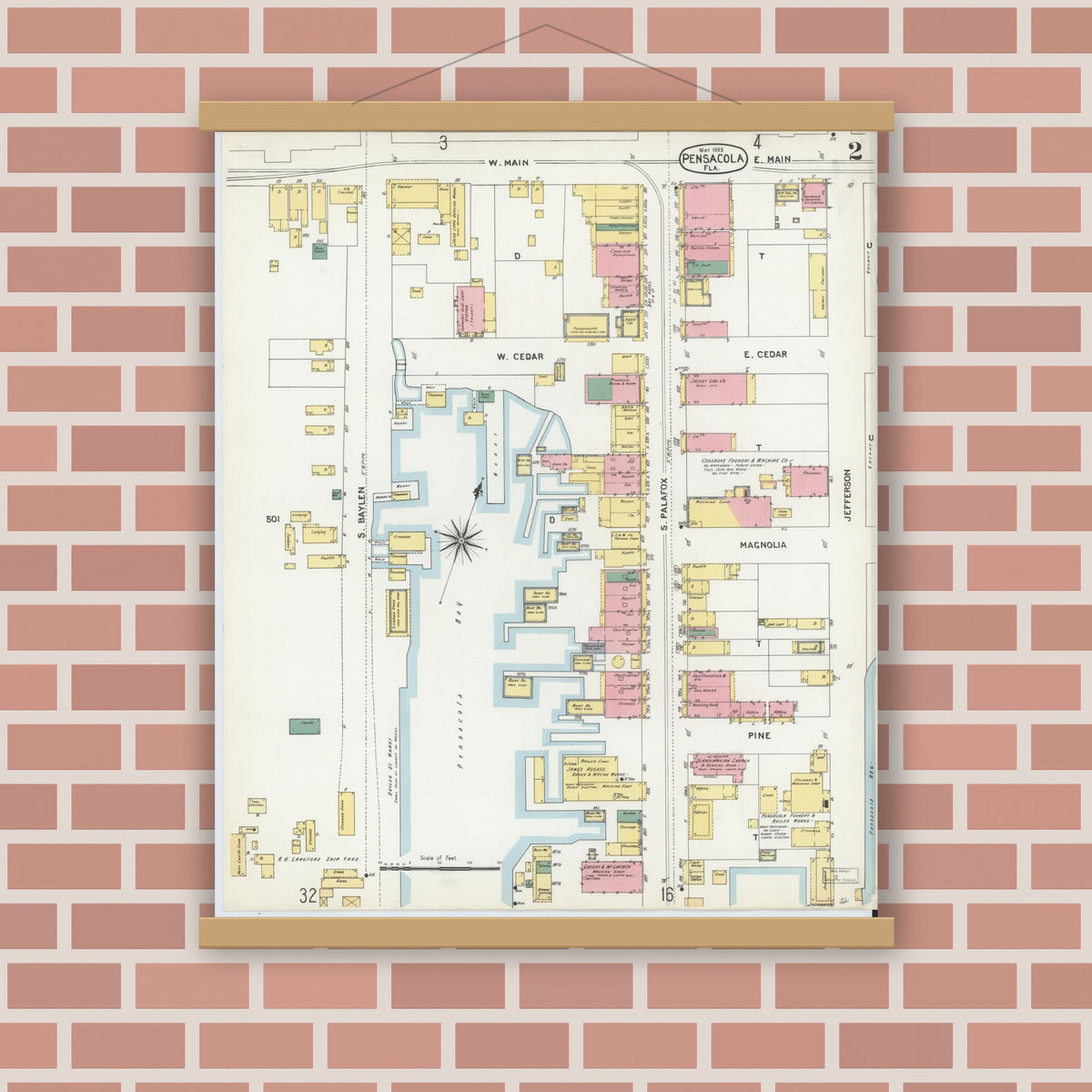 Old map wall art mockup — magnetic wood frame on brick wall — Sanborn Fire Insurance Map from Pensacola, Escambia County, Florida (1903), Sheet #0002