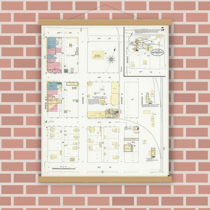 Old map wall art mockup — magnetic wood frame on brick wall — Sanborn Fire Insurance Map from McGregor, McLennan County, Texas (1909), Sheet #0005