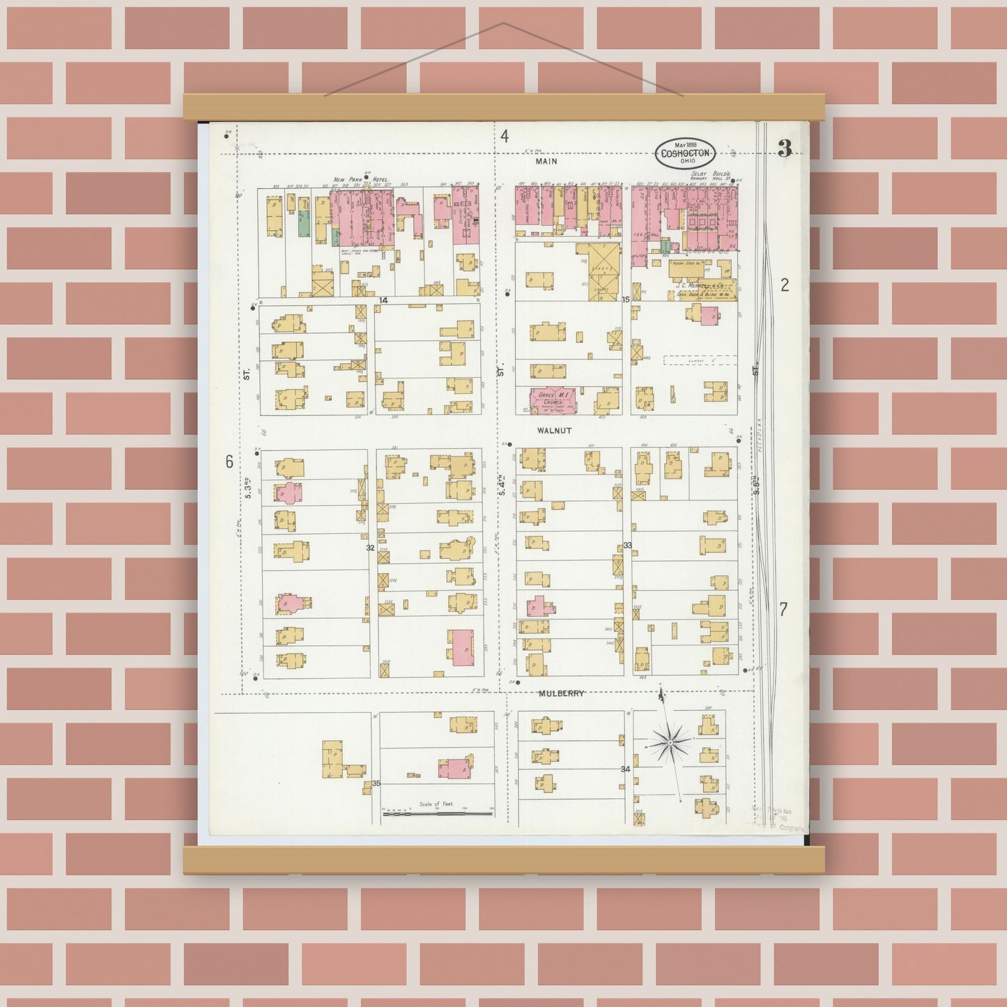 Old map wall art mockup — magnetic wood frame on brick wall — Sanborn Fire Insurance Map from Coshocton, Coshocton County, Ohio (1899), Sheet #0003