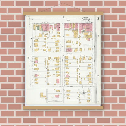 Old map wall art mockup — magnetic wood frame on brick wall — Sanborn Fire Insurance Map from Coshocton, Coshocton County, Ohio (1899), Sheet #0003