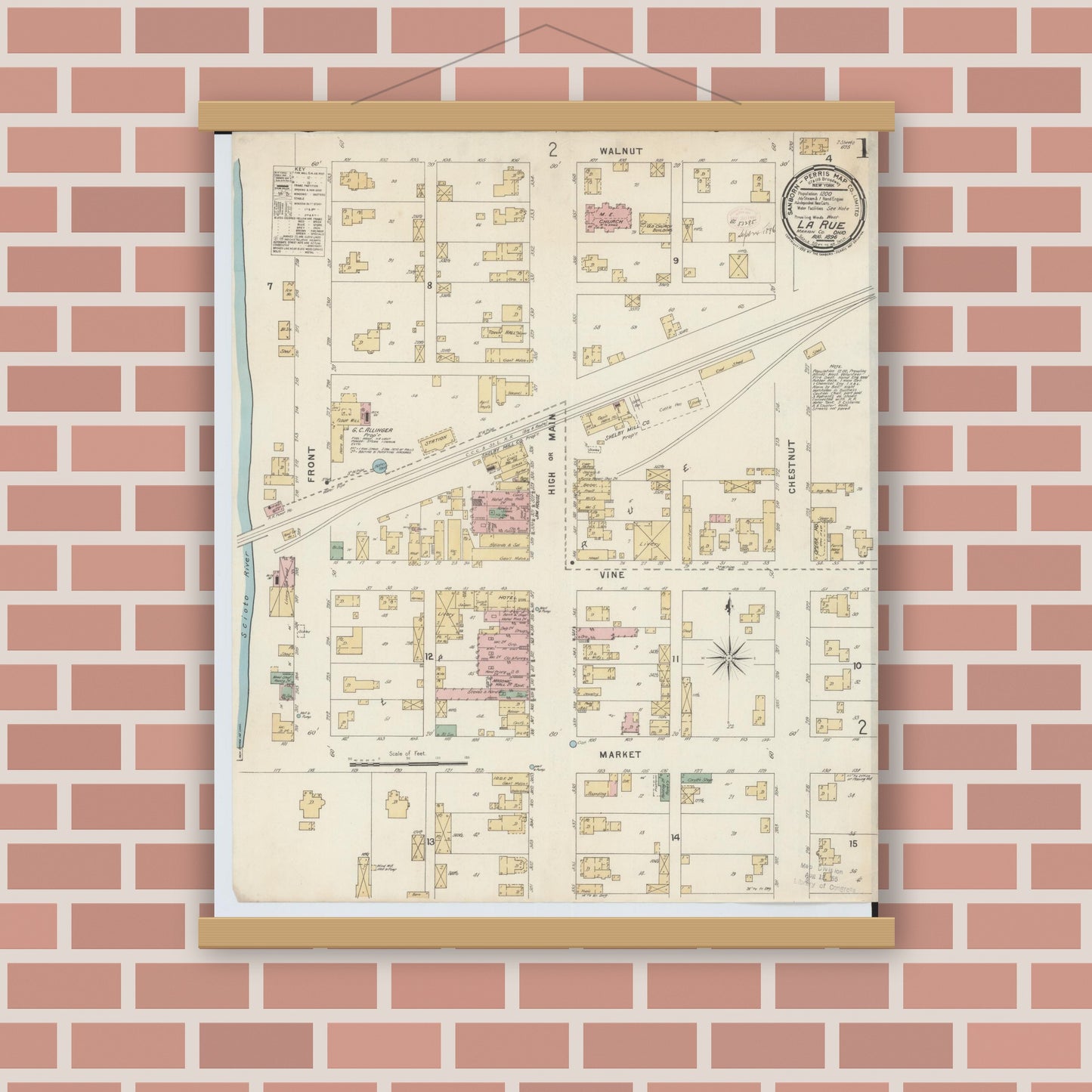 Old map wall art mockup — magnetic wood frame on brick wall — Sanborn Fire Insurance Map from La Rue, Marion County, Ohio (1891), Sheet #0001