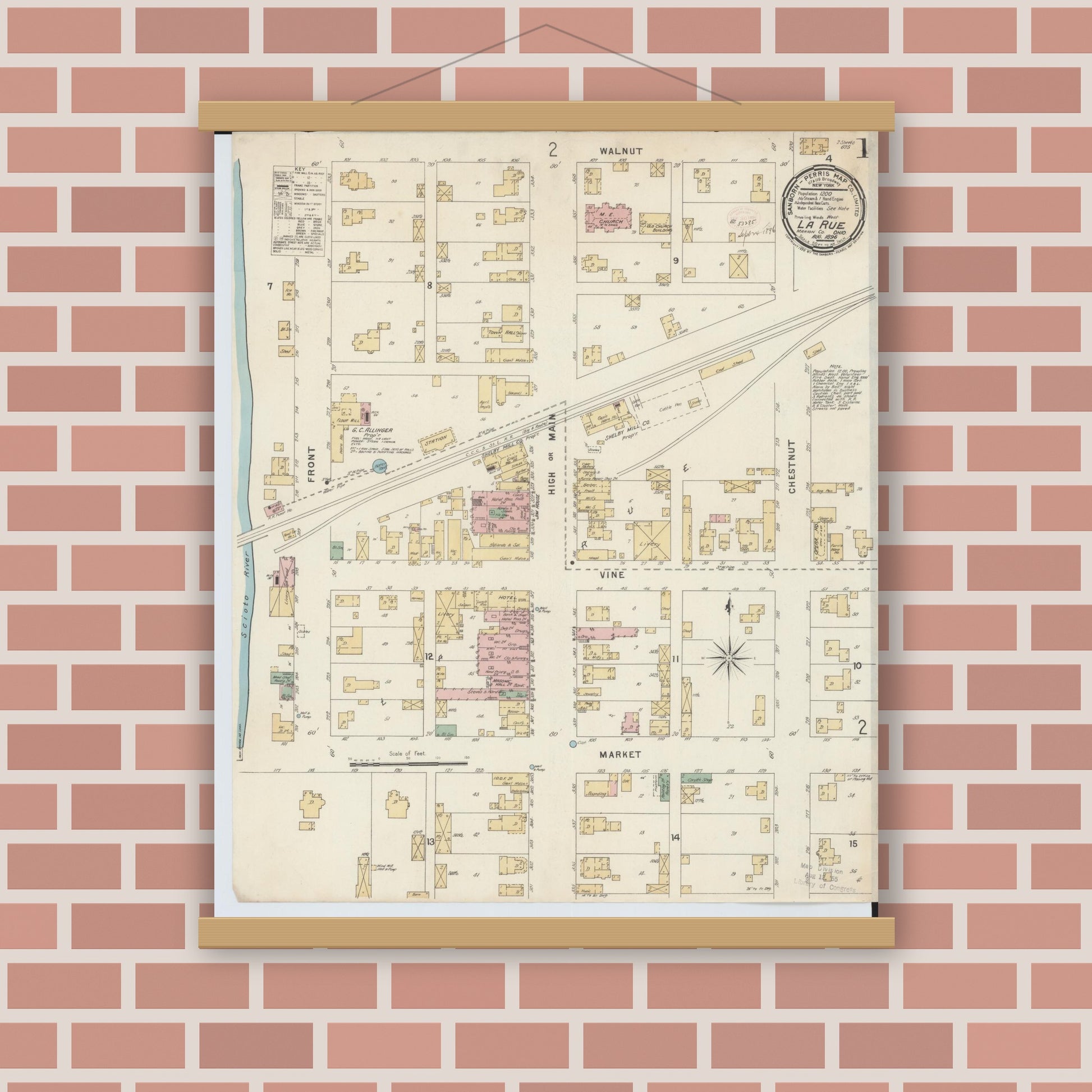 Old map wall art mockup — magnetic wood frame on brick wall — Sanborn Fire Insurance Map from La Rue, Marion County, Ohio (1891), Sheet #0001