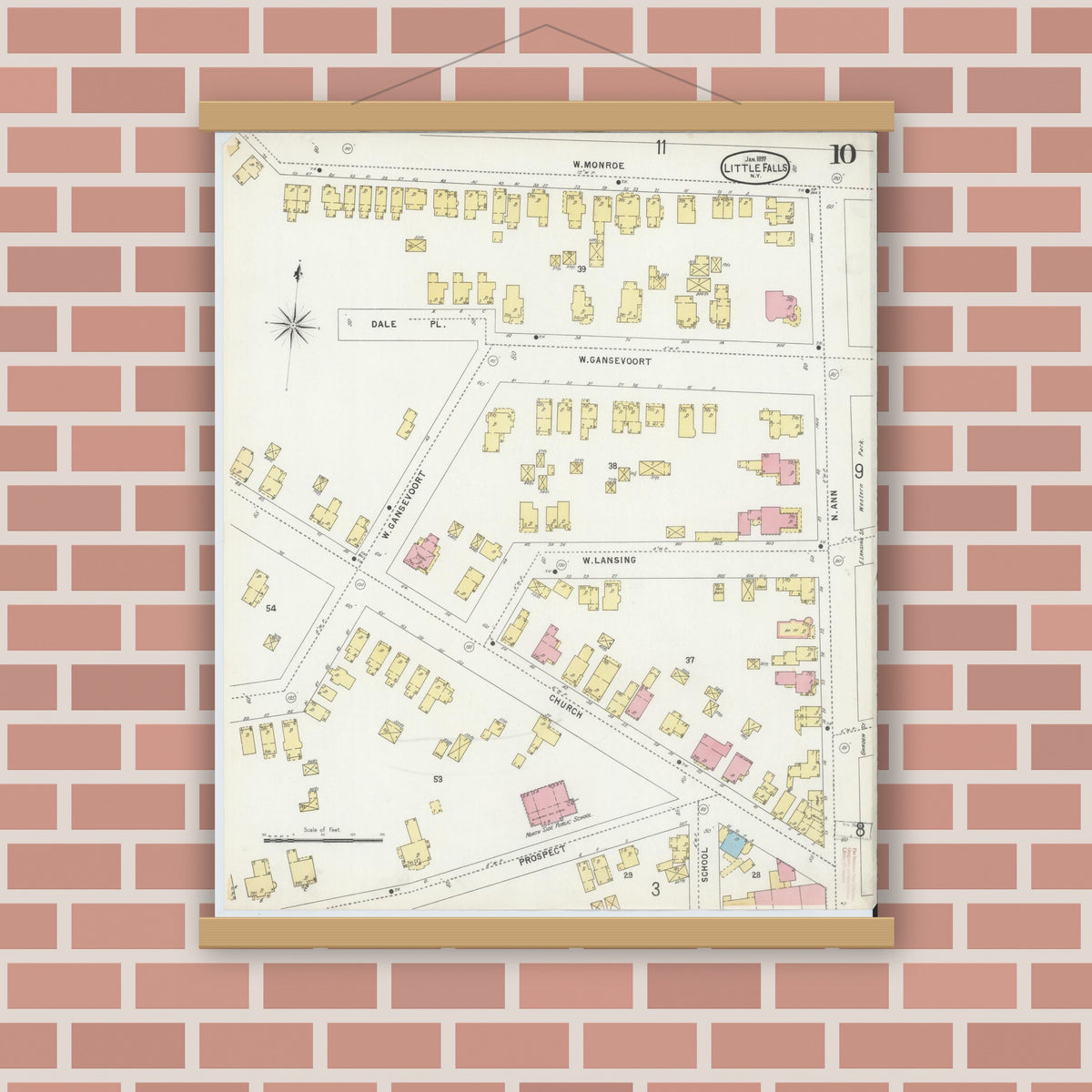 Old map wall art mockup — magnetic wood frame on brick wall — Sanborn Fire Insurance Map from Little Falls, Herkimer County, New York (1897), Sheet #0010