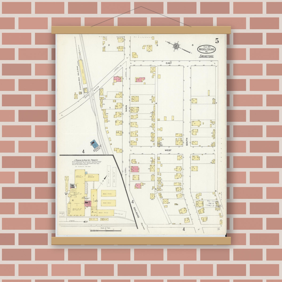 Old map wall art mockup — magnetic wood frame on brick wall — Sanborn Fire Insurance Map from Middleburg, Snyder County, Pennsylvania (1913), Sheet #0005