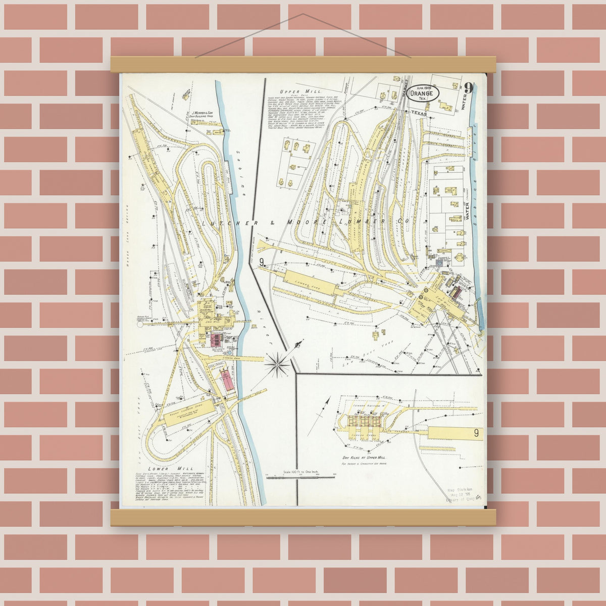 Old map wall art mockup — magnetic wood frame on brick wall — Sanborn Fire Insurance Map from Orange, Orange County, Texas (1909), Sheet #0009