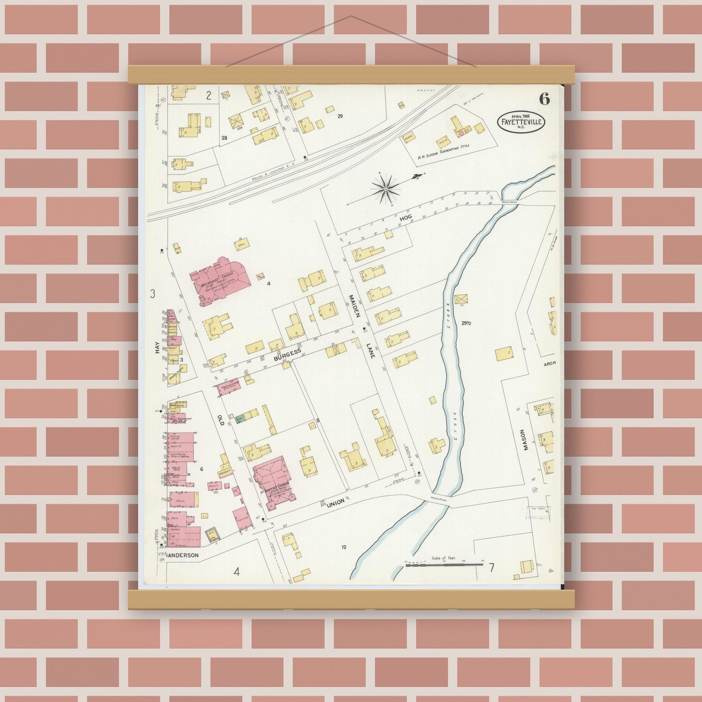 Old map wall art mockup — magnetic wood frame on brick wall — Sanborn Fire Insurance Map from Fayetteville, Cumberland County, North Carolina (1908), Sheet #0006