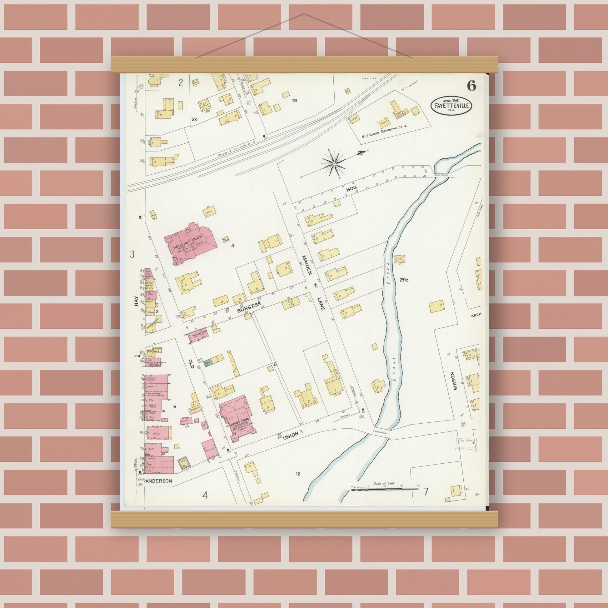 Old map wall art mockup — magnetic wood frame on brick wall — Sanborn Fire Insurance Map from Fayetteville, Cumberland County, North Carolina (1908), Sheet #0006