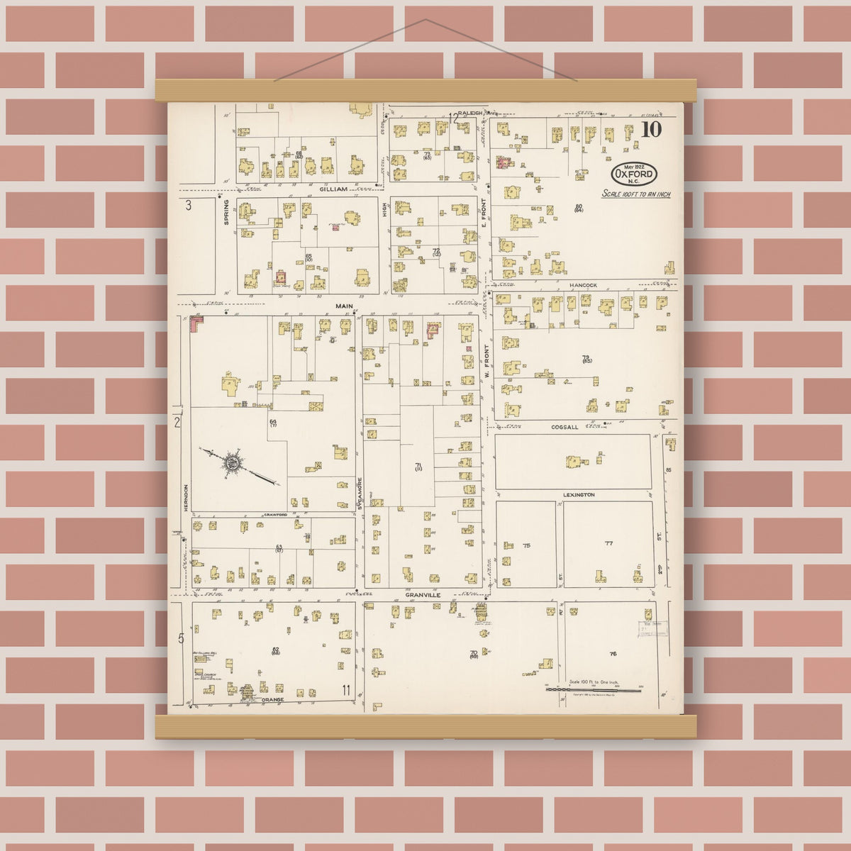 Old map wall art mockup — magnetic wood frame on brick wall — Sanborn Fire Insurance Map from Oxford, Granville County, North Carolina (1922), Sheet #0010