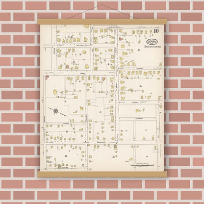 Old map wall art mockup — magnetic wood frame on brick wall — Sanborn Fire Insurance Map from Oxford, Granville County, North Carolina (1922), Sheet #0010