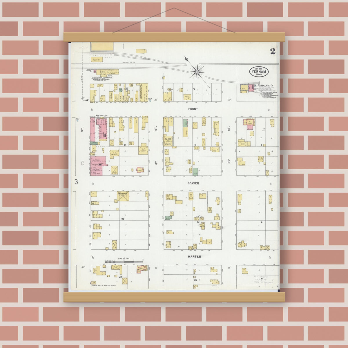 Old map wall art mockup — magnetic wood frame on brick wall — Sanborn Fire Insurance Map from Perham, Otter Tail County, Minnesota (1899), Sheet #0002