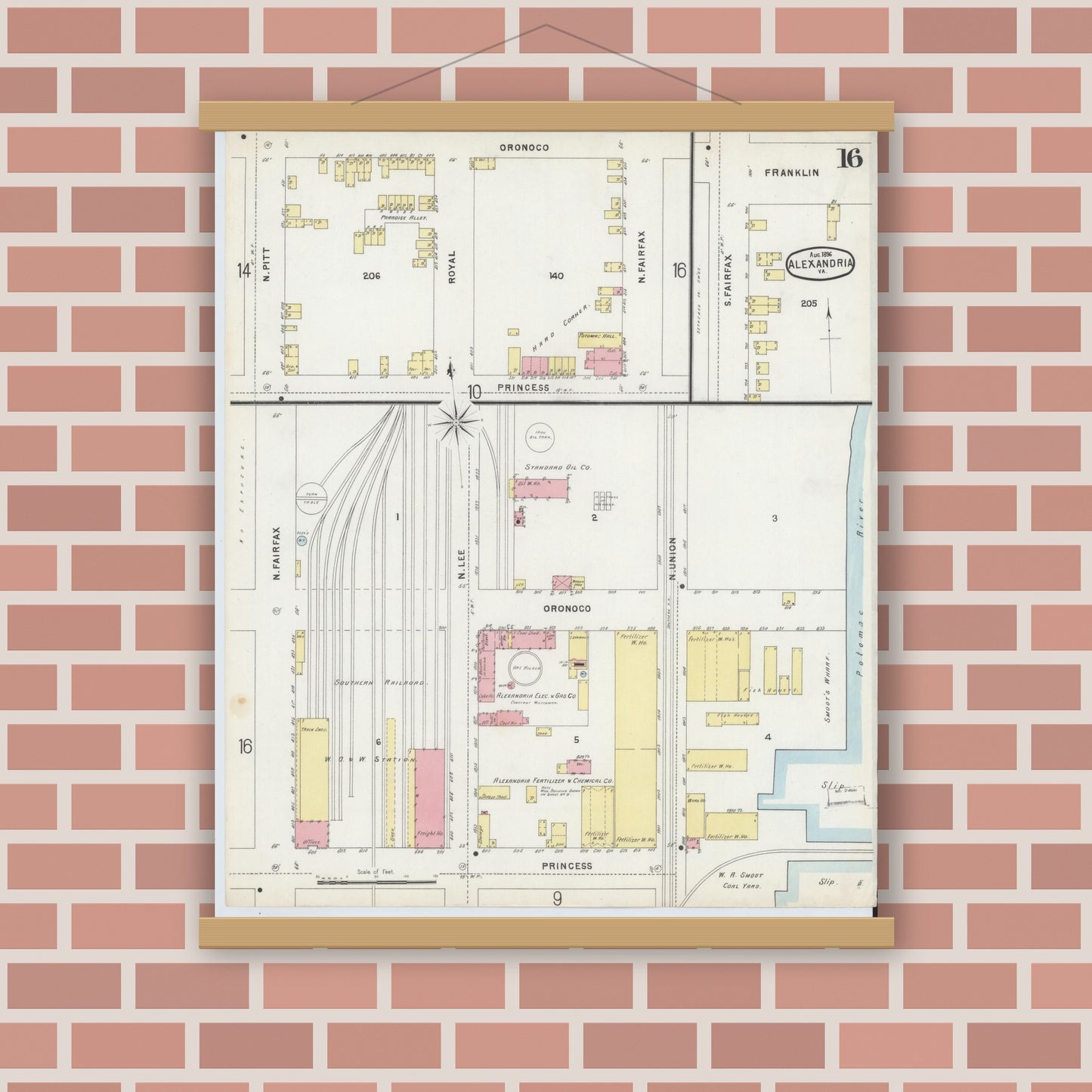 Old map wall art mockup — magnetic wood frame on brick wall — Sanborn Fire Insurance Map from Alexandria, Independent Cities, Virginia (1891), Sheet #0016