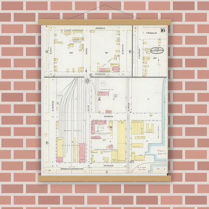 Old map wall art mockup — magnetic wood frame on brick wall — Sanborn Fire Insurance Map from Alexandria, Independent Cities, Virginia (1891), Sheet #0016