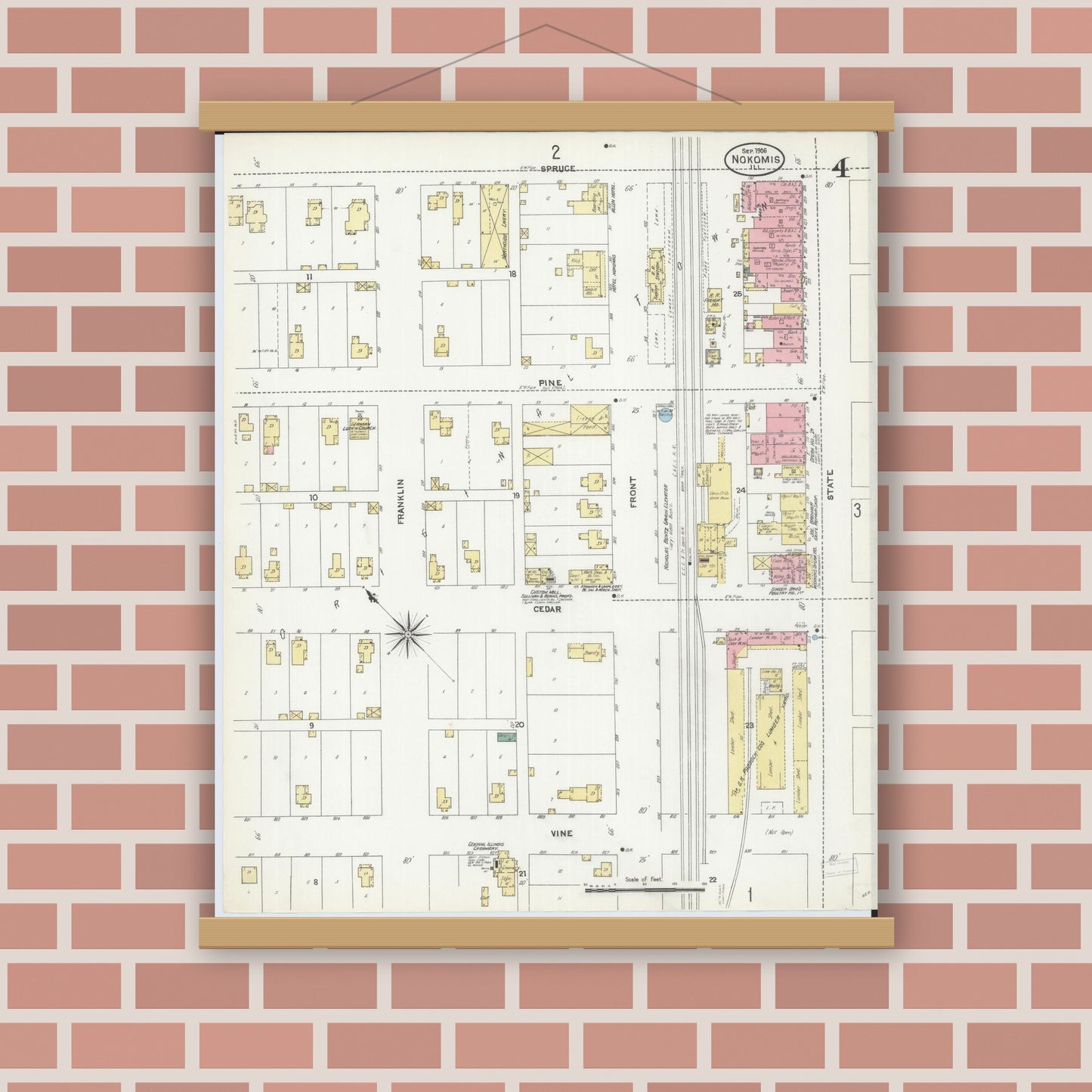 Old map wall art mockup — magnetic wood frame on brick wall — Sanborn Fire Insurance Map from Nokomis, Montgomery County, Illinois (1906), Sheet #0004