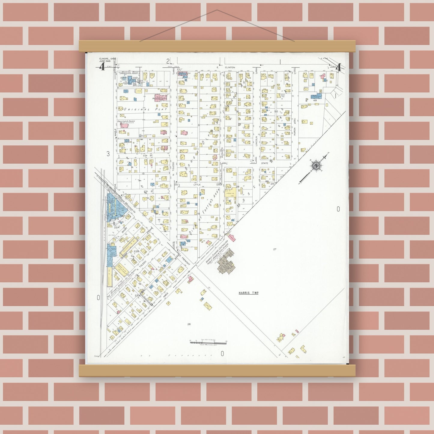 Old map wall art mockup — magnetic wood frame on brick wall — Sanborn Fire Insurance Map from Elmore, Ottawa County, Ohio (1948), Sheet #0004