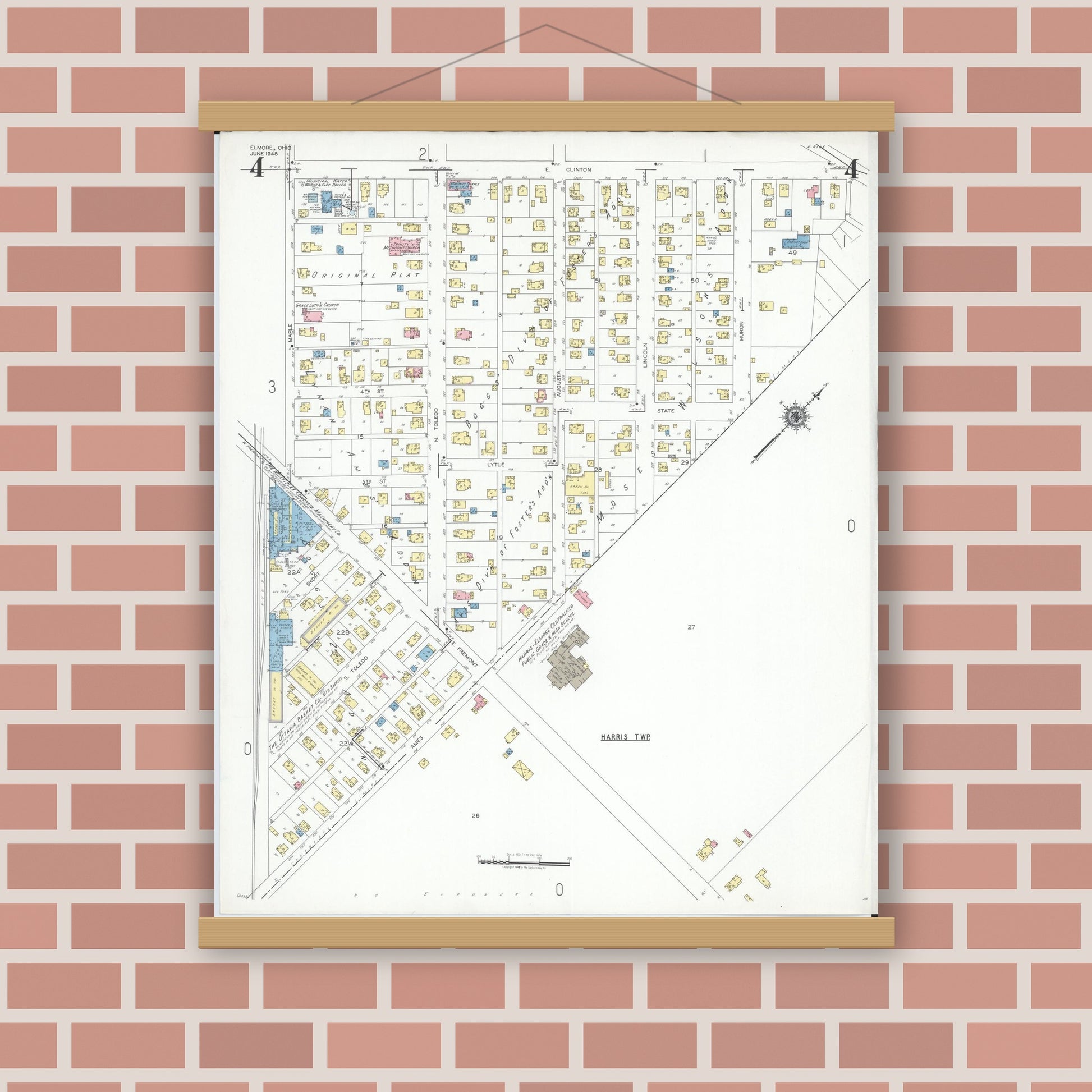 Old map wall art mockup — magnetic wood frame on brick wall — Sanborn Fire Insurance Map from Elmore, Ottawa County, Ohio (1948), Sheet #0004
