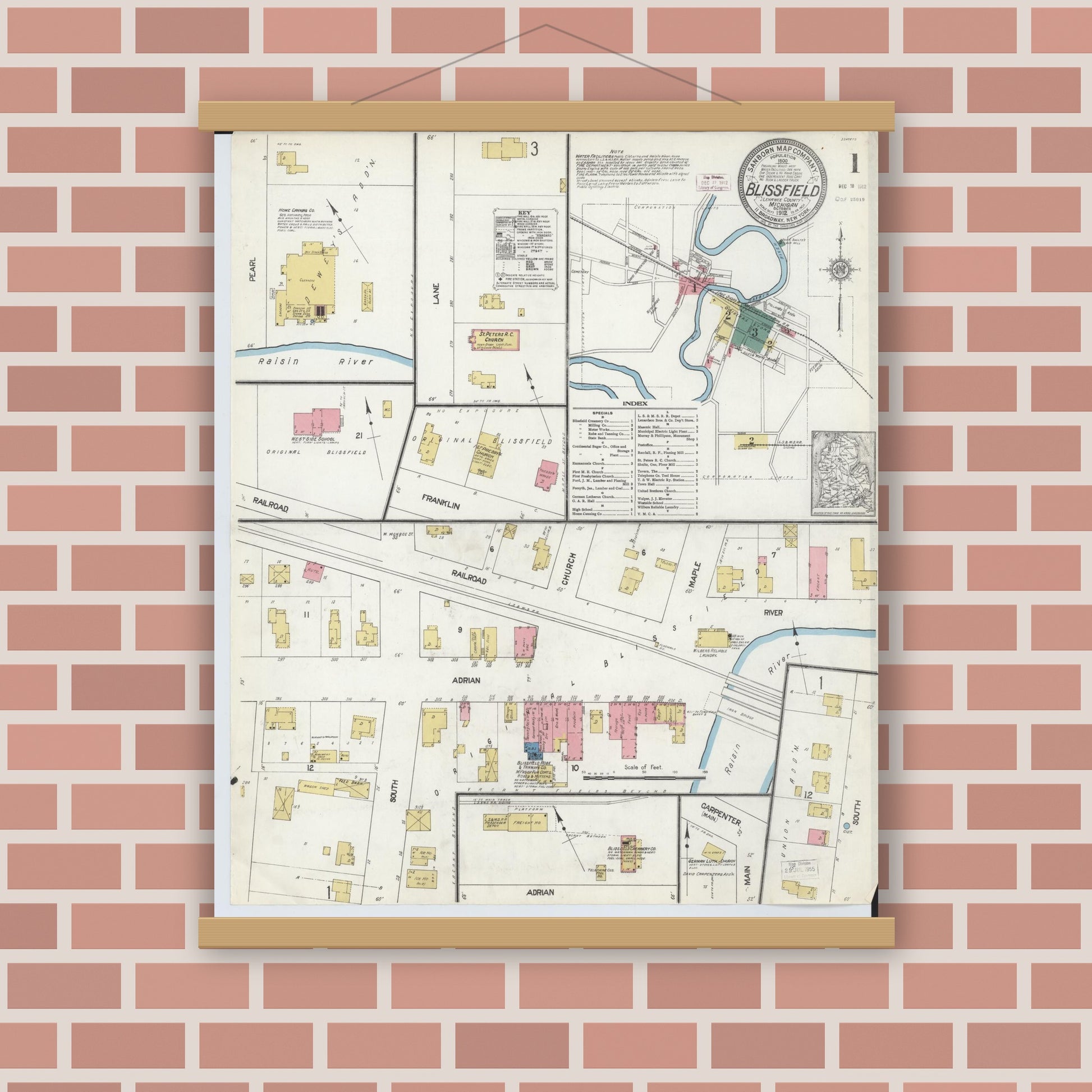 Old map wall art mockup — magnetic wood frame on brick wall — Sanborn Fire Insurance Map from Blissfield, Lenawee County, Michigan (1912) - Complete Map Set