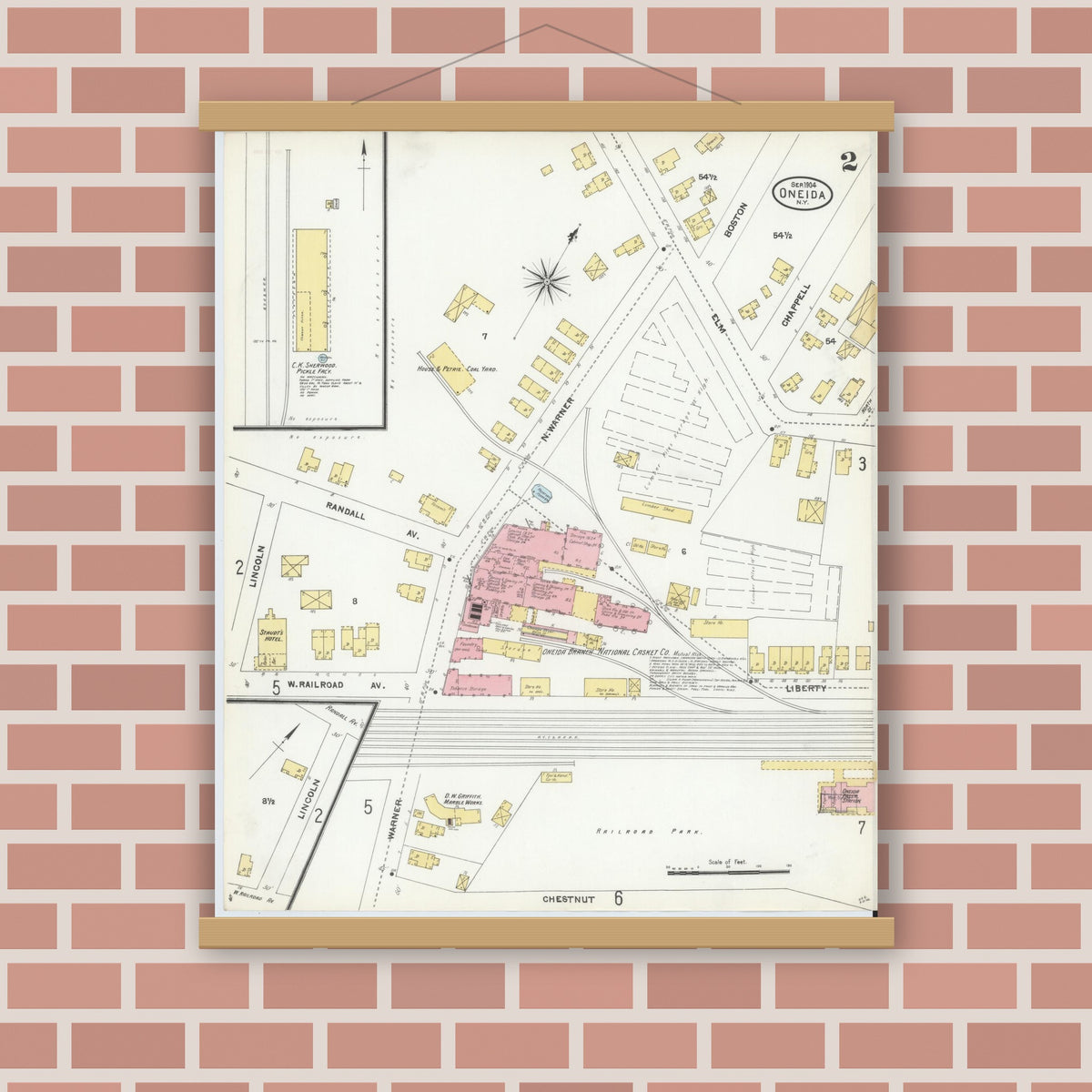 Old map wall art mockup — magnetic wood frame on brick wall — Sanborn Fire Insurance Map from Oneida, Madison County, New York (1904) - Complete Map Set