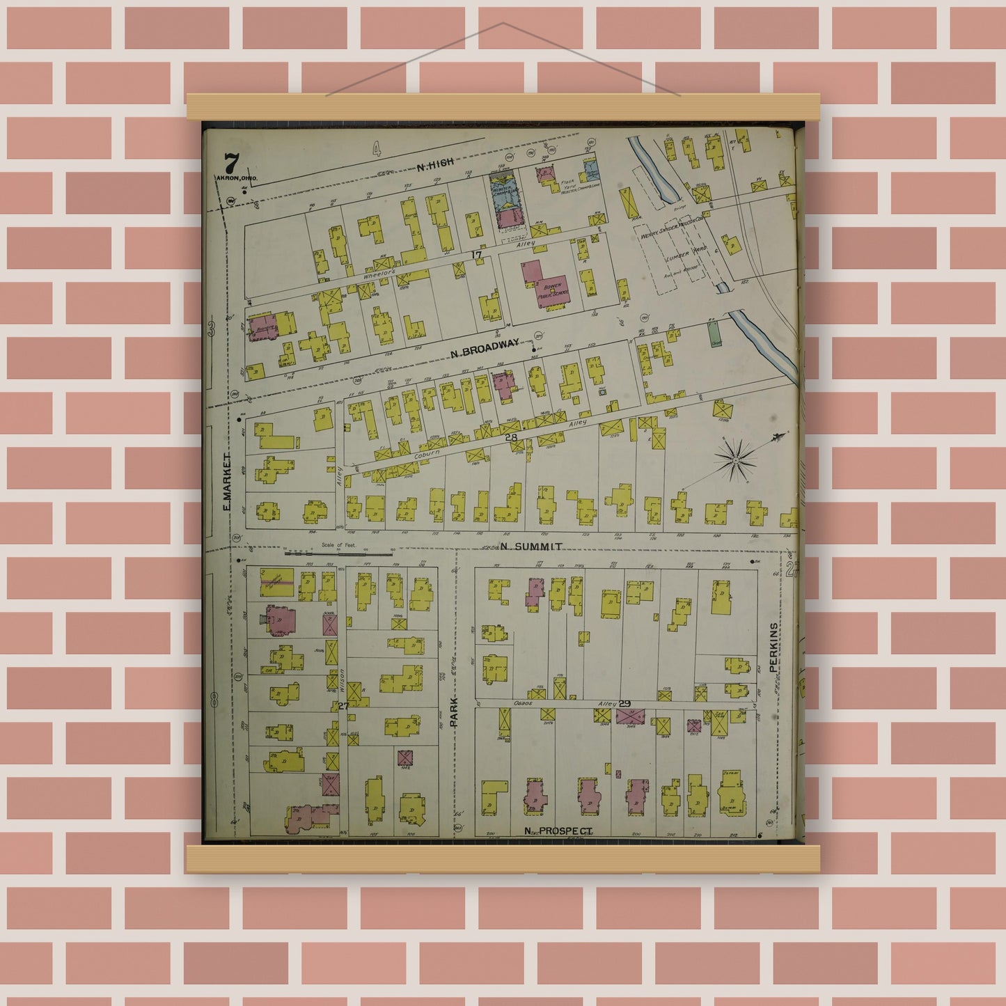 Old map wall art mockup — magnetic wood frame on brick wall — Sanborn Fire Insurance Map from Akron, Summit County, Ohio (1892), Sheet #0007