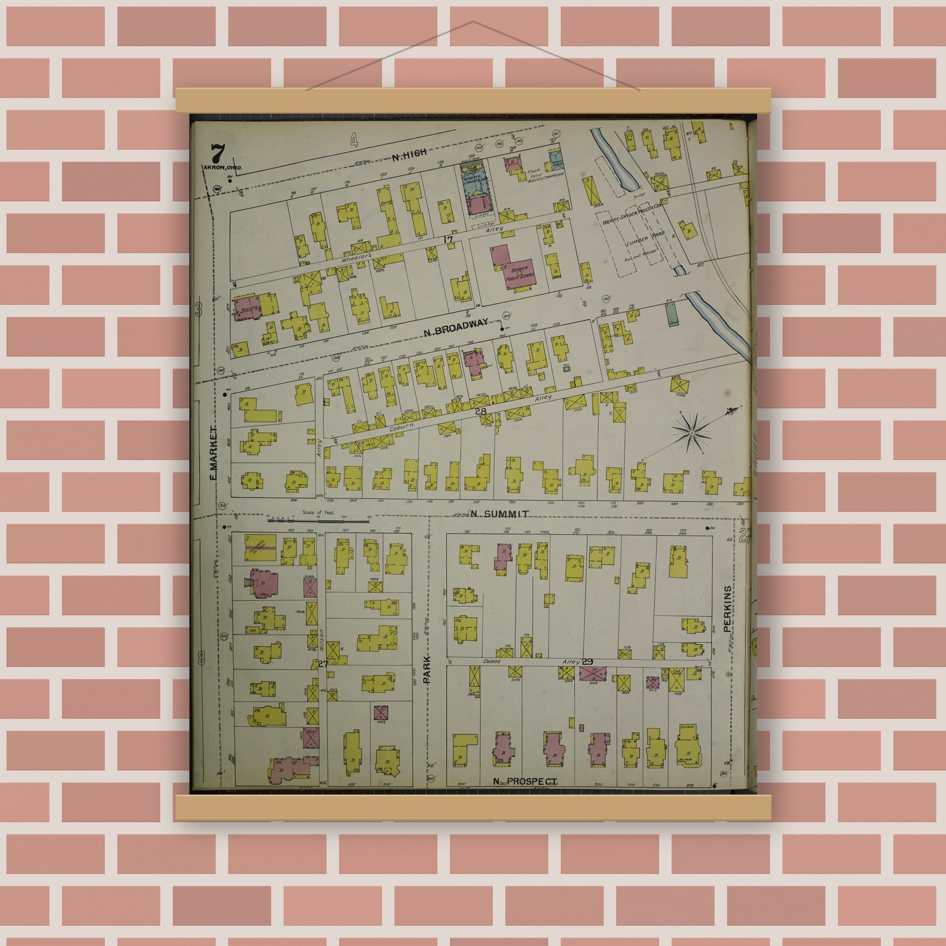 Old map wall art mockup — magnetic wood frame on brick wall — Sanborn Fire Insurance Map from Akron, Summit County, Ohio (1892), Sheet #0007