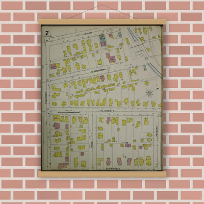 Old map wall art mockup — magnetic wood frame on brick wall — Sanborn Fire Insurance Map from Akron, Summit County, Ohio (1892), Sheet #0007