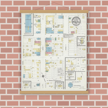 Old map wall art mockup — magnetic wood frame on brick wall — Sanborn Fire Insurance Map from Marble Falls, Burnet County, Texas (1910), Sheet #0001