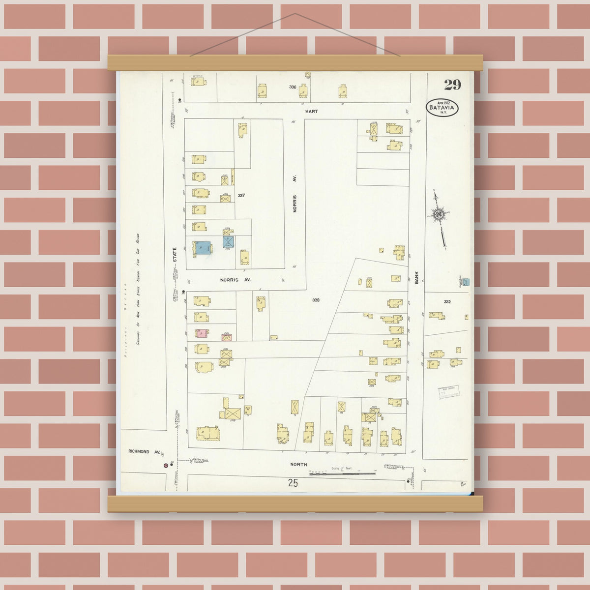 Old map wall art mockup — magnetic wood frame on brick wall — Sanborn Fire Insurance Map from Batavia, Genesee County, New York (1912), Sheet #0029