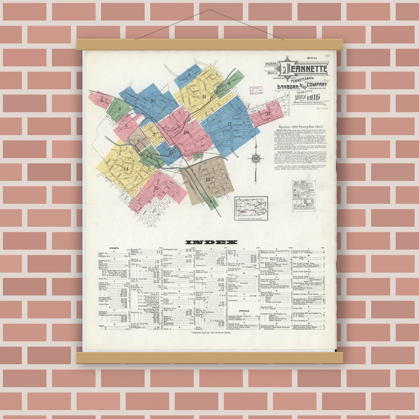 Old map wall art mockup — magnetic wood frame on brick wall — Sanborn Fire Insurance Map from Jeannette, Westmoreland County, Pennsylvania (1916) - Complete Map Set