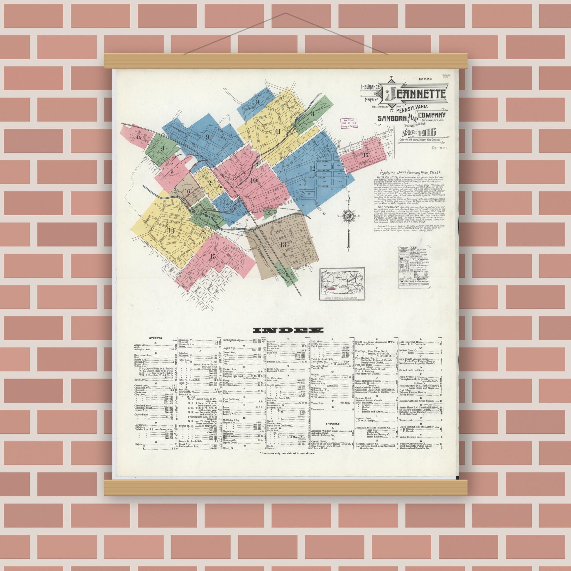 Old map wall art mockup — magnetic wood frame on brick wall — Sanborn Fire Insurance Map from Jeannette, Westmoreland County, Pennsylvania (1916) - Complete Map Set